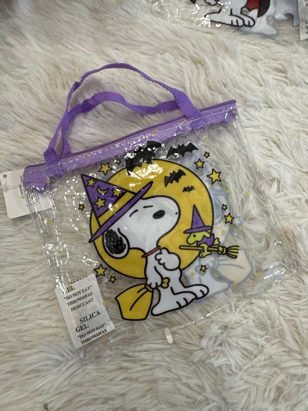 Snoopy Halloween clear bag purple handle Snoopy witch costume yellow moon & bats